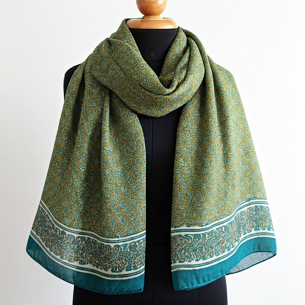 Green Silk Scarf with Floral Pattern | Handcrafted | ACME International