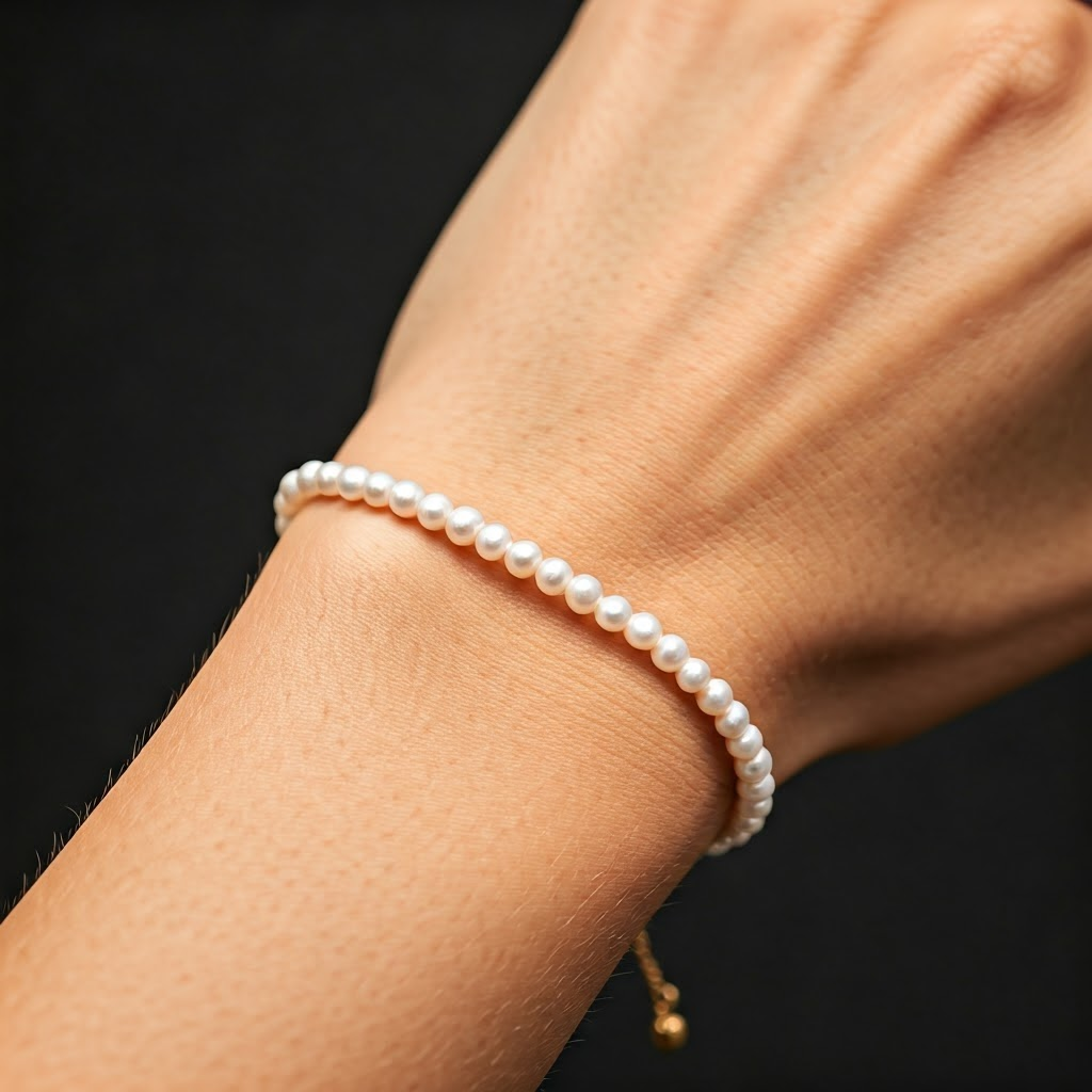 Pearl Bracelet on Wrist: Dainty Freshwater Pearls, Gold Accents - Elegant Jewelry for Women, Gift Idea