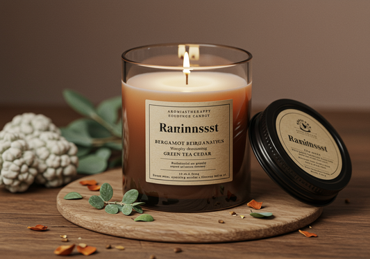 Rainforest Amaroma candle surrounded by bergamot fruit, green tea leaves, and cedarwood branches, capturing the essence of the candle's fragrance.