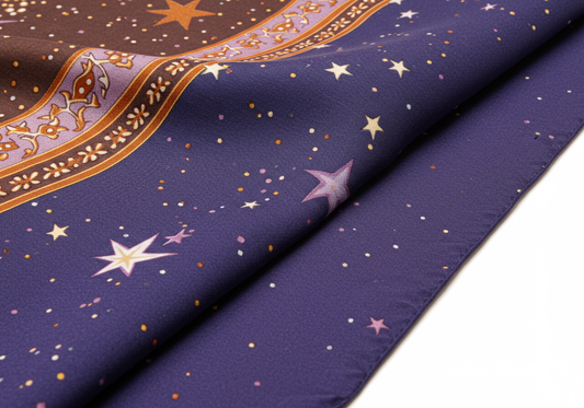 Close-up of ACME Grapevine & Starlight Scarves Detailing Hand-Block Printing, Tassels and Embroidered Edges