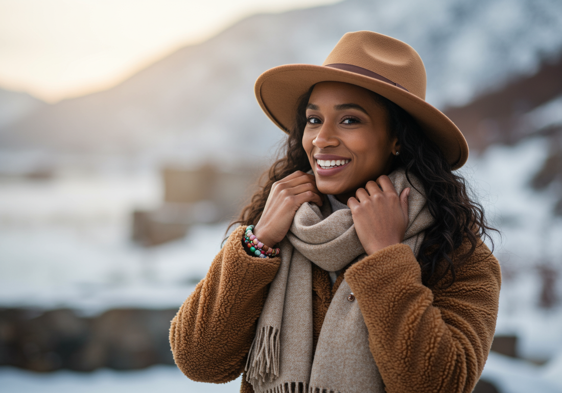 Woman smiling and accessorizing with scarf, jewelry and hat in Canada