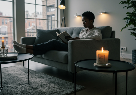 Evenly burning candle in a cozy home setting