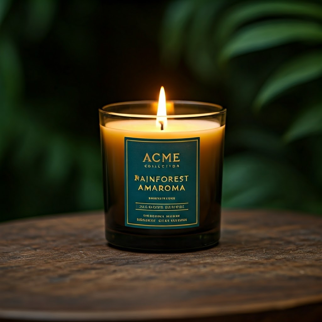 ACME Rainforest Amaroma Candle: Relaxing aroma for your home. Scented candle for aromatherapy and relaxation.