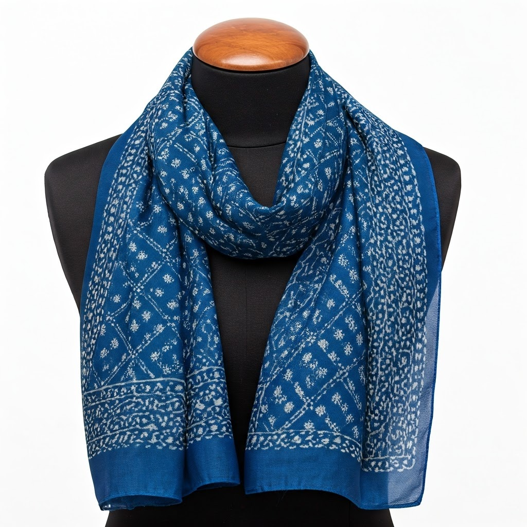 Blue Silk Scarf - Geometric Pattern - Women's Fashion Accessory