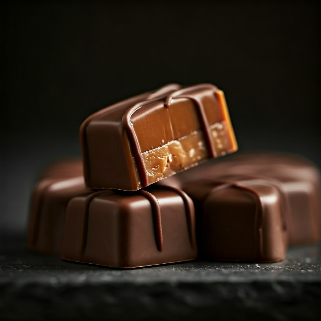 Gourmet Dark Chocolate Caramel Squares. Salted Caramel Chocolate Bites