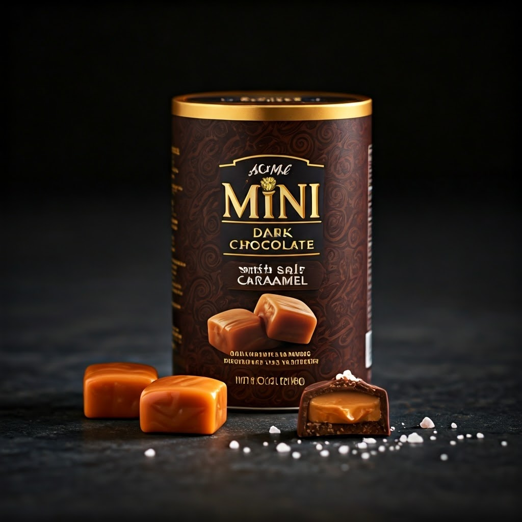ACME Mini Dark Chocolate Salted Caramel Candies. Gourmet chocolate with caramel filling.