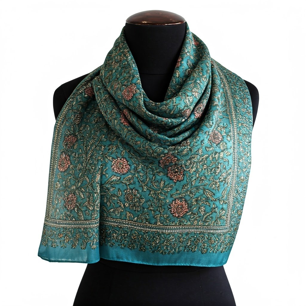 Acme Grapevine Teal Silk Scarf: Handcrafted Floral Design, Elegant Style