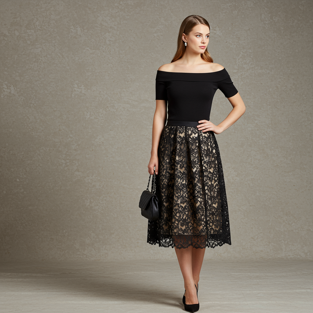 Elegant Black Off-Shoulder Dress & Lace Skirt | Acme International - Women's Fashion