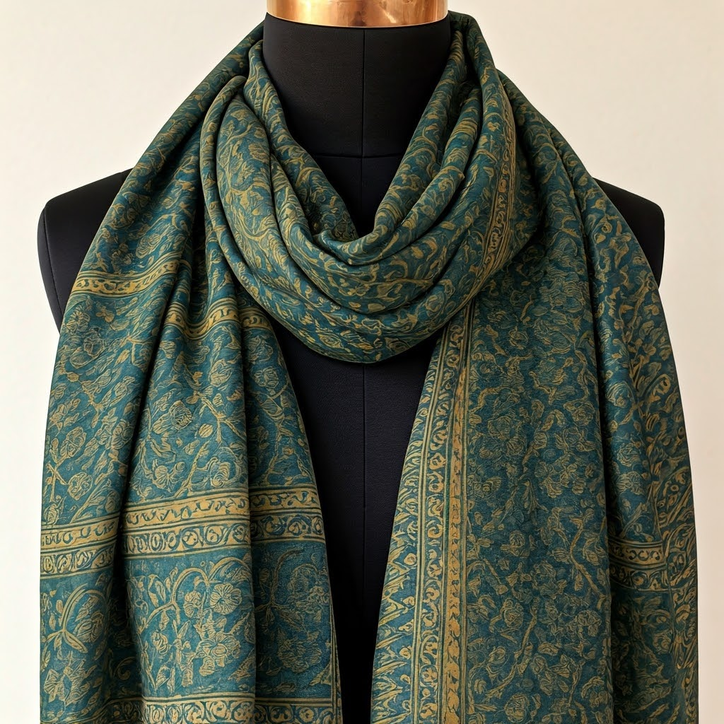 ACME Grapevine handcrafted silk scarf. Teal & Gold Floral Print. Luxurious women's fashion scarf.
