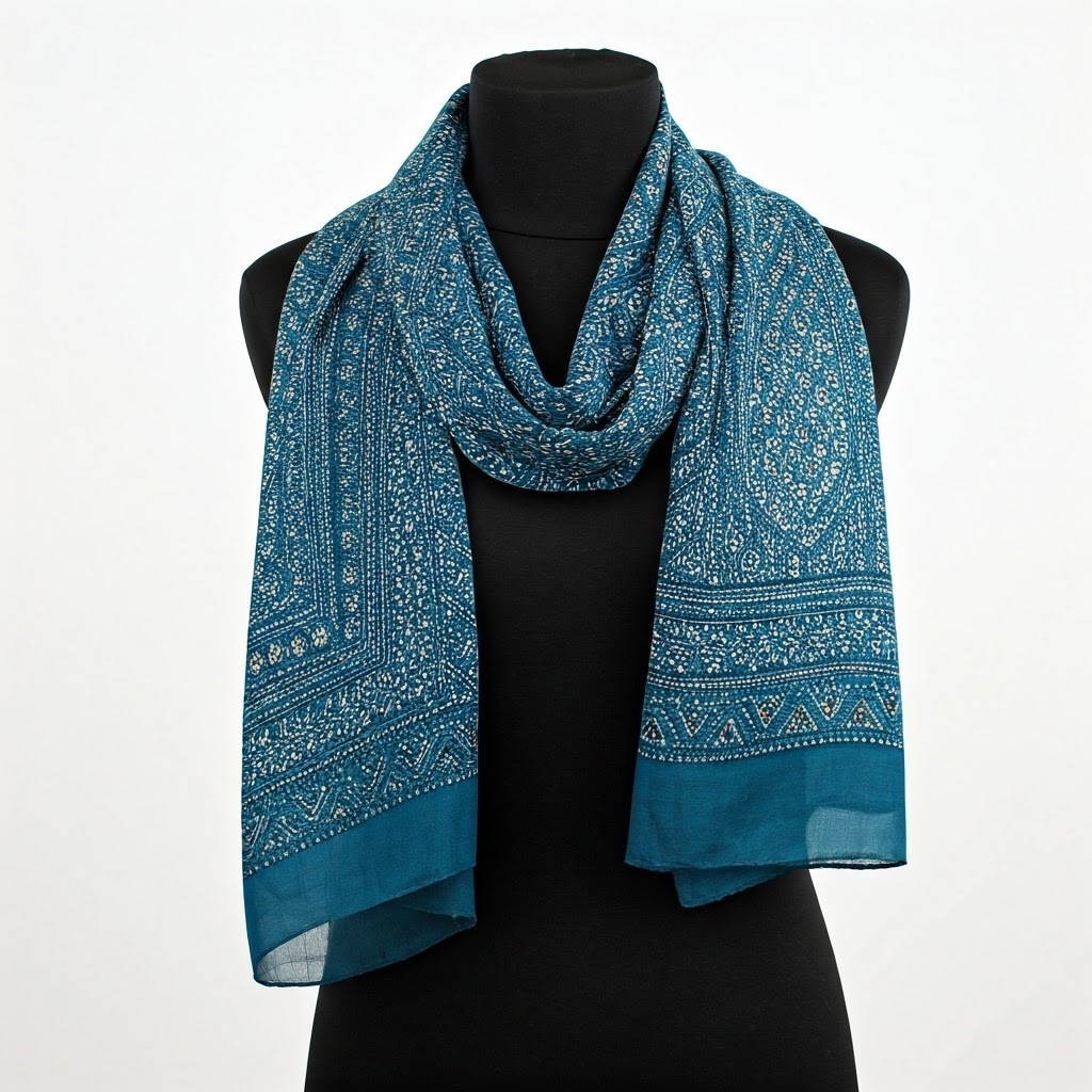 Blue Silk Scarf with Pattern, Women's Fashion Accessory - Elegant Draped Scarf
