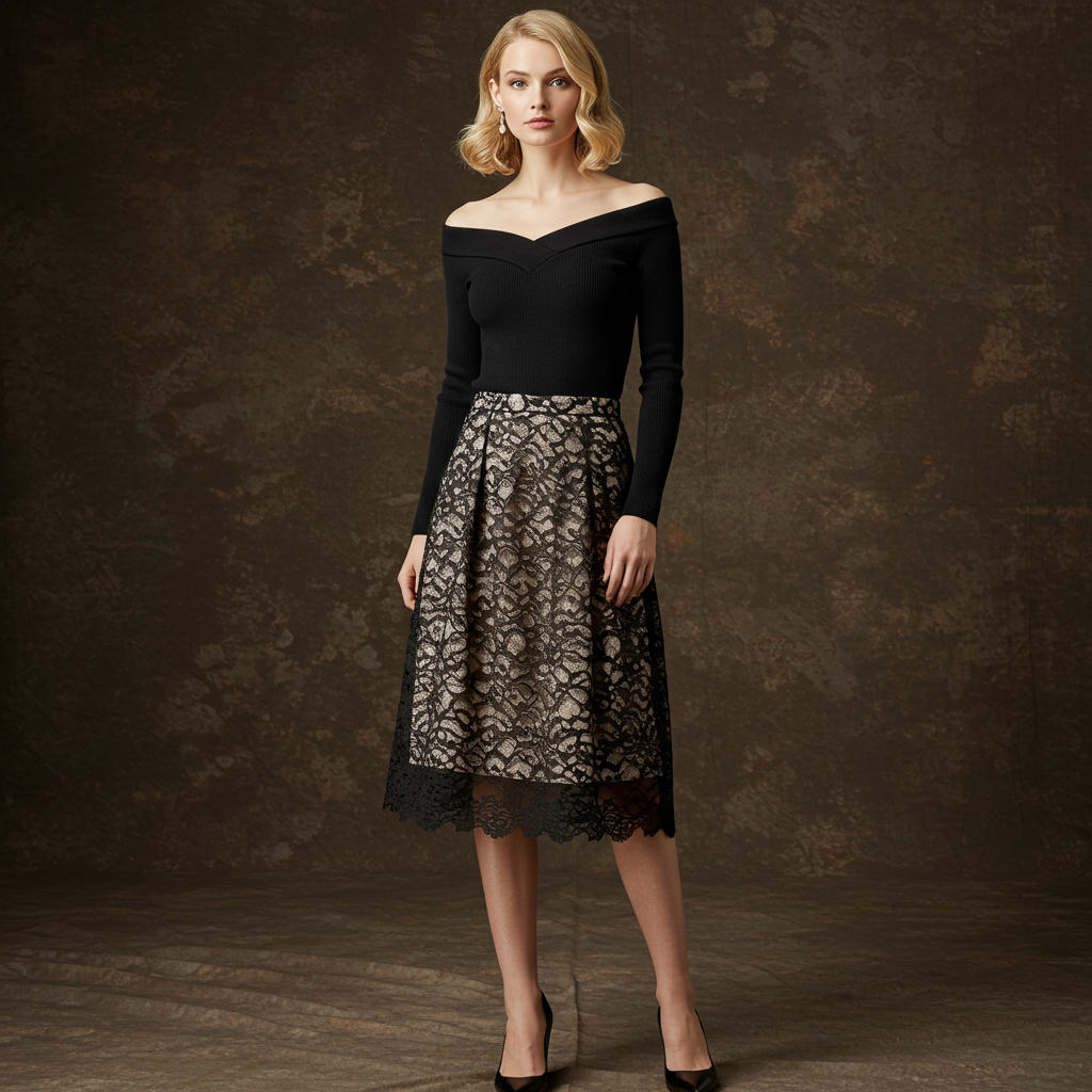 Elegant Black Off-Shoulder Top & Lace Skirt - Evening Wear by Acme International Inc.