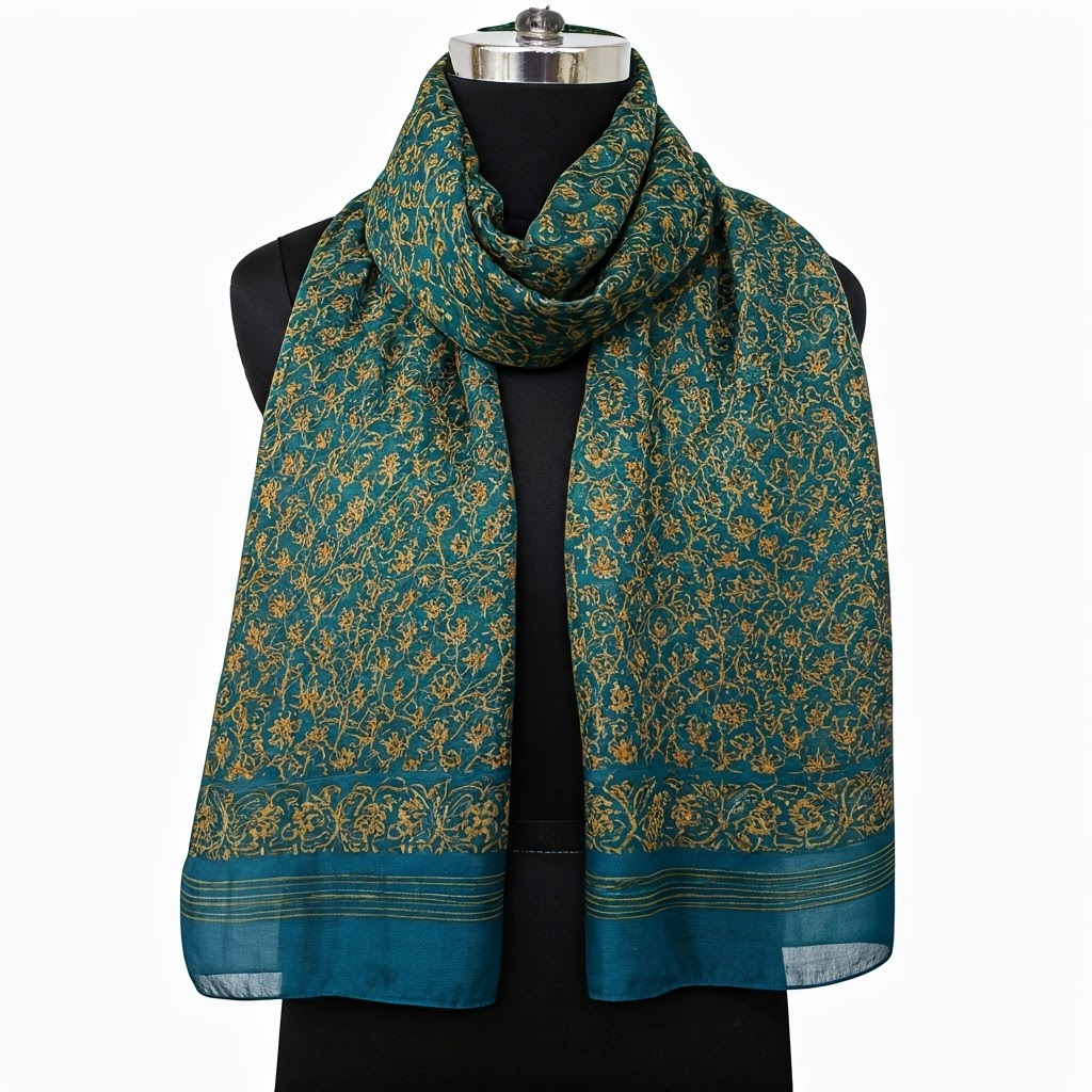 Green & Gold Floral Silk Scarf, Handcrafted Women's Fashion Accessory