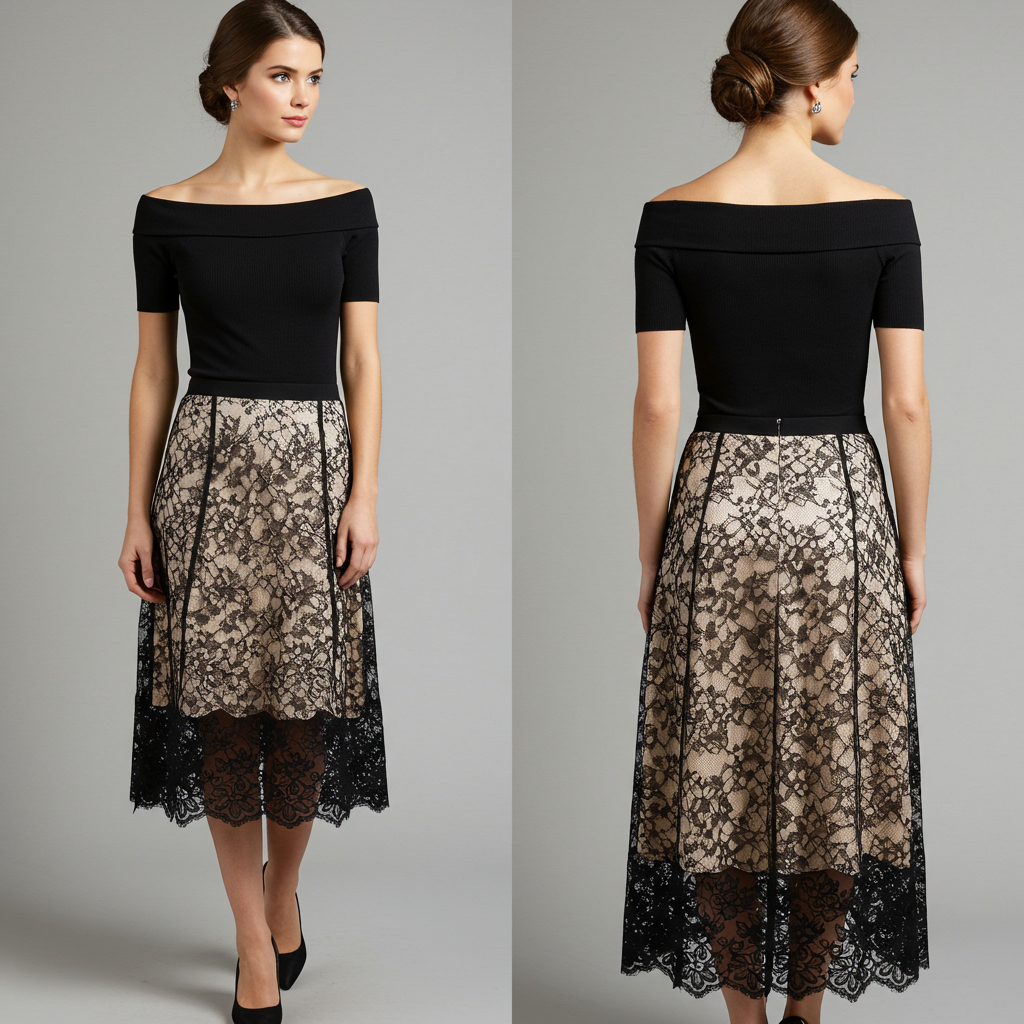 Acme Black Off-Shoulder Midi Dress with Lace Overlay | Evening Dress